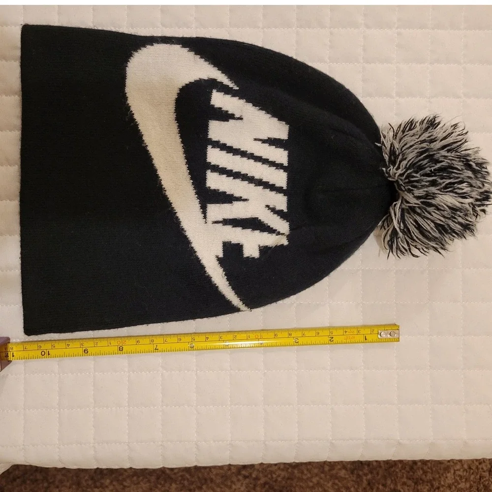 Nike Kids' Black White Pom Pom Foldover Beanie Cozy Hat Wintertime Snow Cold Fun